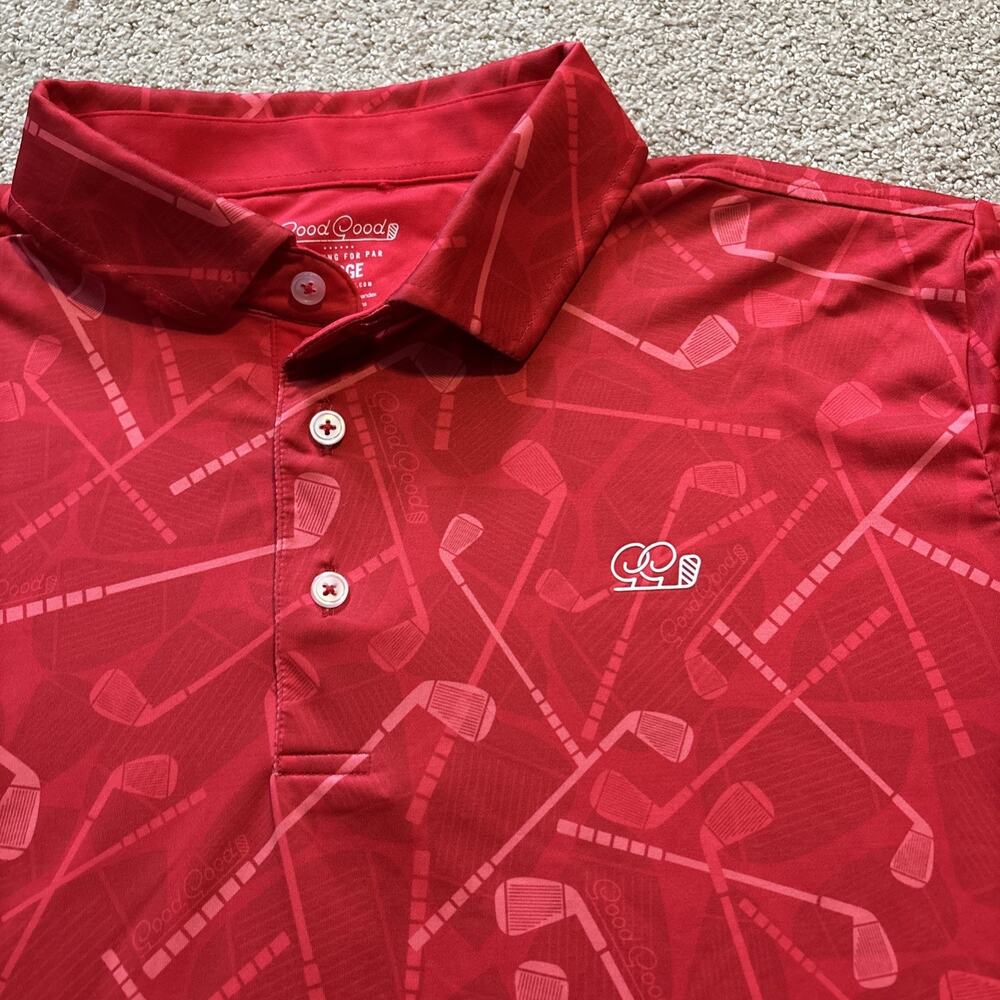 Good Good Golf Polo Shirt Mens Sz L Red Golf Club All Over Print Performance AOP